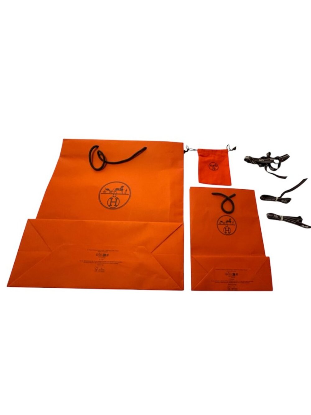 Authentic Hermès Packaging Lot: 2 Shopping Bags, Small Pouch & 3 Ribbons